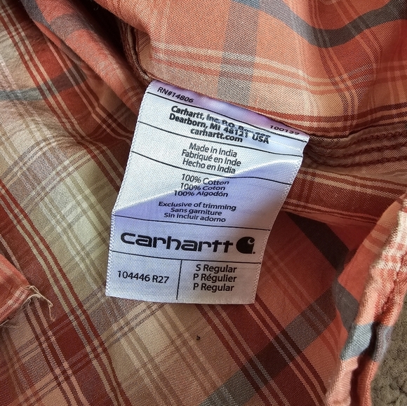 Men's Carhartt S Plaid Shirt - Orange and White Button Up Long Sleeve - Picture 6 of 7